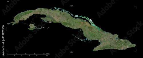 Cuba shape isolated on black. High-res satellite map