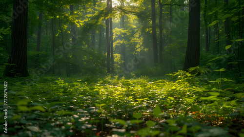A lush forest, with vibrant greenery as the background, during a sun-dappled summer afternoon