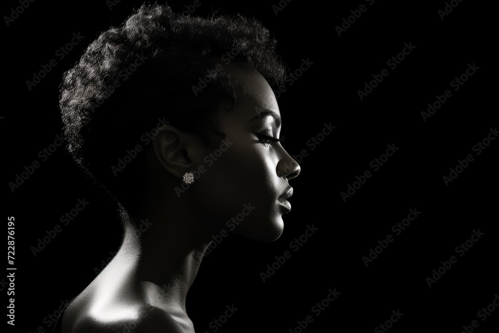 Black History Month, Black And White Profile African American Female, Silhouette With Short Hair Style, Monochrome Portrait