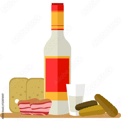 Vodka beverage and traditional food snack vector icon isolated on white