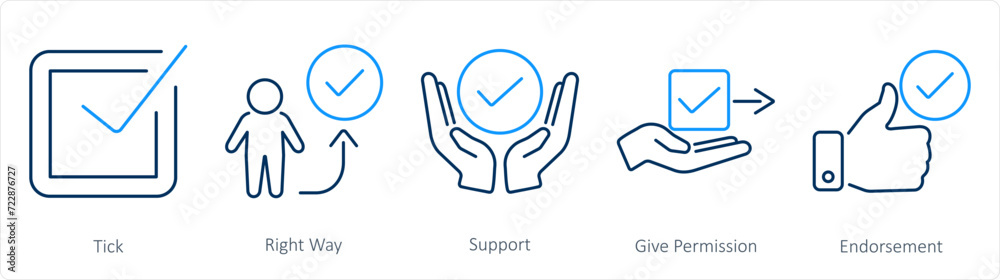 A set of 5 Checkmark icons as tick, right way, support A set of 5 Checkmark icons as tick, right way, support