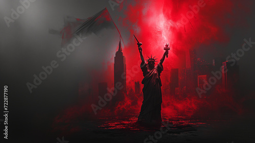 Statue of Liberty holding a red burning flame in her hand in front of new york city background. Hate and destruction of democracy wallpaper photo