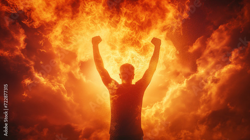 Political Demonstration: Man with Raised Arms in a Fiery Atmosphere photo