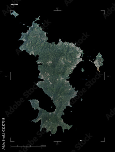 Mayotte shape isolated on black. High-res satellite map