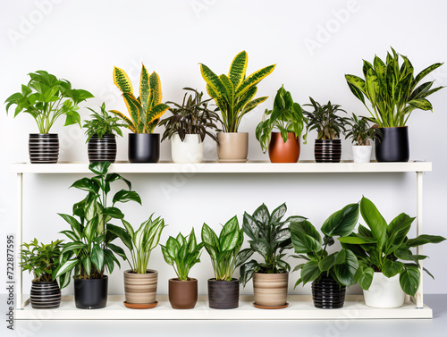 a group of potted plants on shelves
