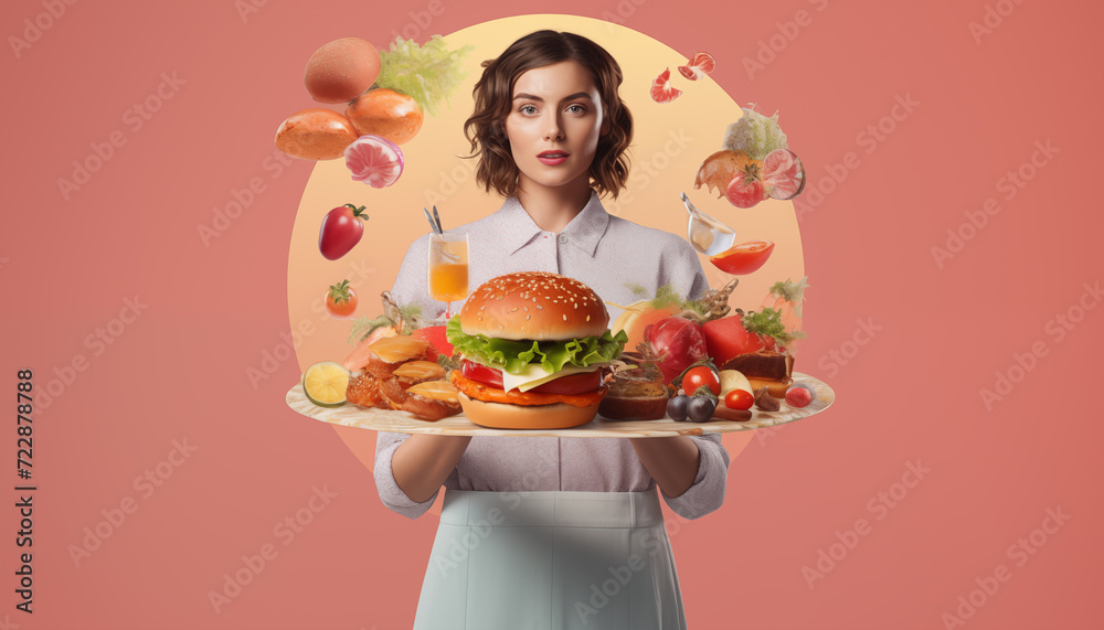 Deconstructed Delight: Woman Presents Hamburger Components. AI Generative. Deconstructed Delight: Woman Presents Hamburger Components. AI Generative.