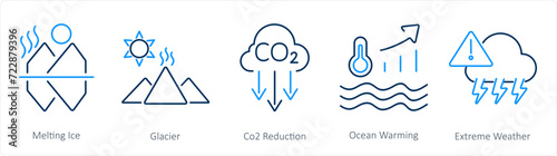 A set of 5 climate change icons as melting ice, glacier, co2 reduction