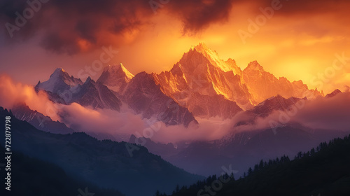 A majestic mountain range, with snow-capped peaks as the background, during a golden sunset in the summer