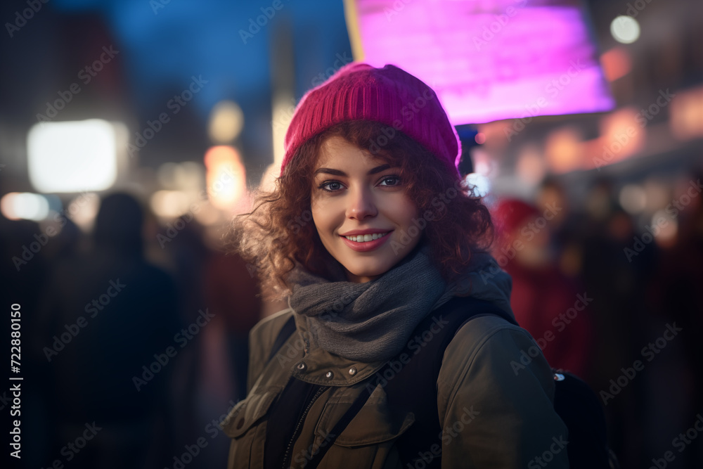 Portrait of beautiful young woman with curly hair in hat and scarf on the street at night.
