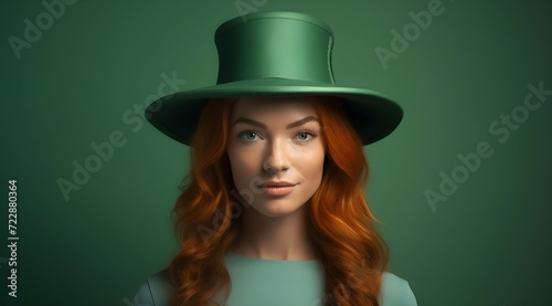 Portrait of a beautiful red-haired girl in a green hat.
