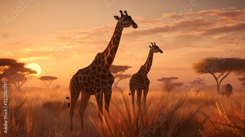 Giraffes walking together through the savanna at sunset.