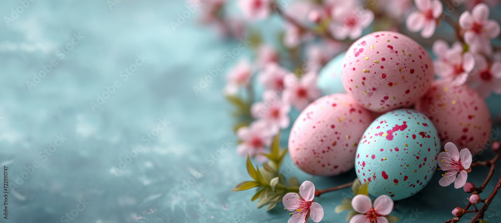 Tender Easter banner with pastel colored Easter eggs on a blue background with free space for text