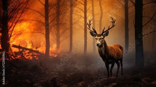 In the midst of chaos, a deer gracefully navigates the burning forest.