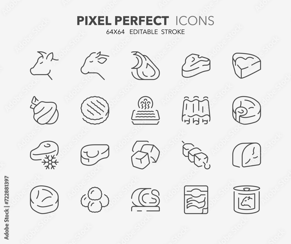 Line icons about cow and veal meats products. Outline symbol collection. Editable vector stroke. 64x64 Pixel Perfect. Line icons about cow and veal meats products. Outline symbol collection. Editable vector stroke. 64x64 Pixel Perfect.