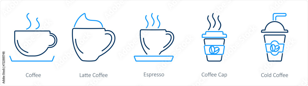 A set of 5 Coffee icons as coffee, latte coffee, espresso