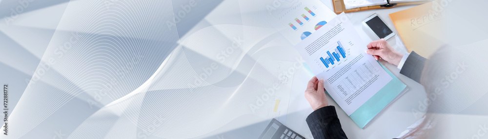 Businesswoman analyzing graphics; panoramic banner Businesswoman analyzing graphics; panoramic banner