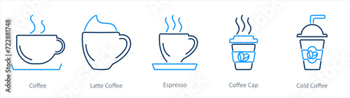 A set of 5 Coffee icons as coffee  latte coffee  espresso