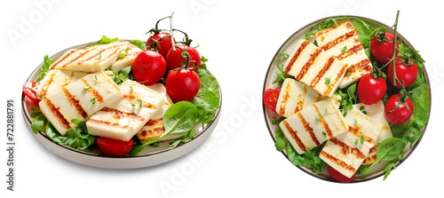 Grilled Halloumi Cheese with Cherry Tomatoes, Tasty Appetizer, Salad, Ketogenic, Paleo Lunch on White Background photo