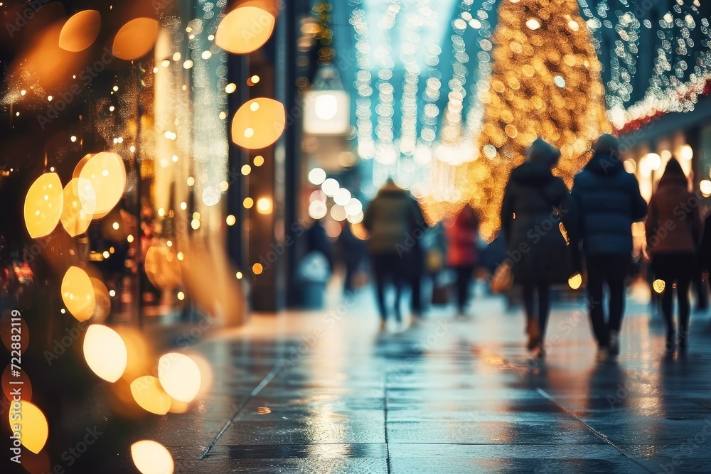 City street decorated for Christmas time. People walking in street, buying presents, preparing for holidays. Abstract blurred defocused image background. Christmas holiday, Xmas, Generative AI