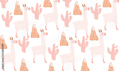 seamless patterns with llamas Cactus and elements, hand drawn, childish texture, suitable.for fabric, wrapping, textile, wallpaper, apparel, vector illustration.