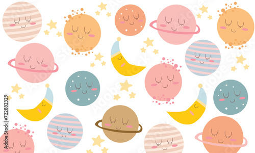 seamless pattern childish hand drawn elements space planet kids trendy.for fabric, wrapping, textile, wallpaper, apparel, vector illustration.