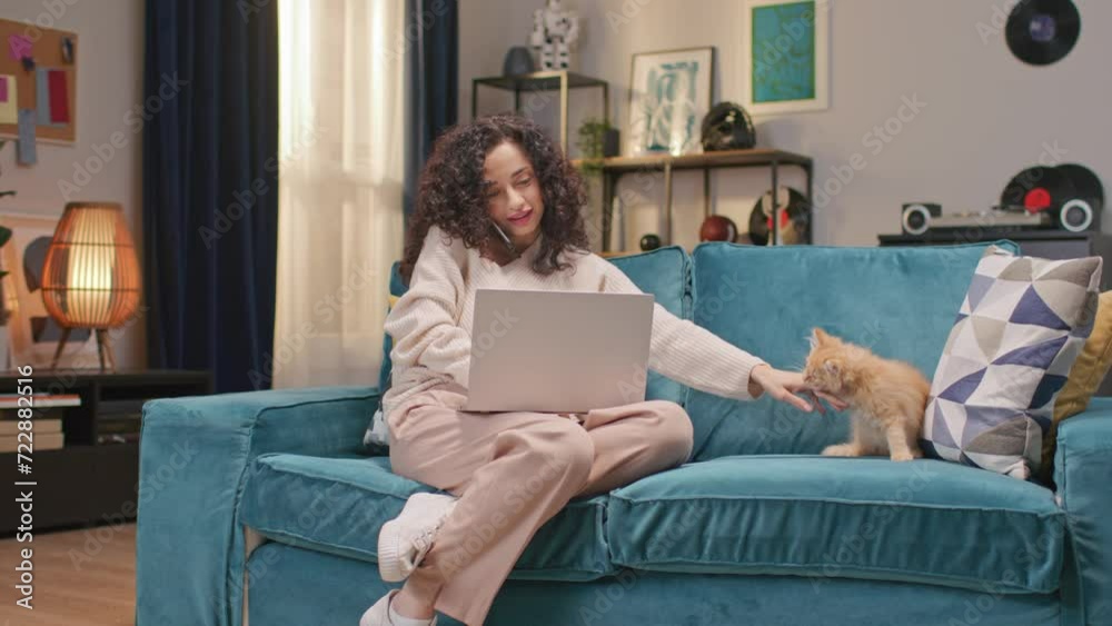Busy woman communicating with coworkers on smartphone in cozy room. Young female using laptop while playing with her funny red cat. Cute domestic animal biting her owner and jumping on couch. Busy woman communicating with coworkers on smartphone in cozy room. Young female using laptop while playing with her funny red cat. Cute domestic animal biting her owner and jumping on couch.