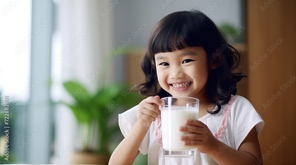 Asian Little Girl Enjoying Milk in Cozy Room or Kitchen Asian Little Girl Enjoying Milk in Cozy Room or Kitchen