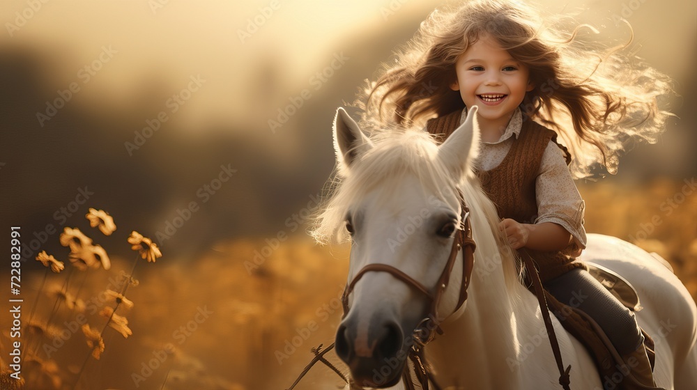 Fototapeta premium Little Horsewoman: 6-Year-Old Riding a White Pony