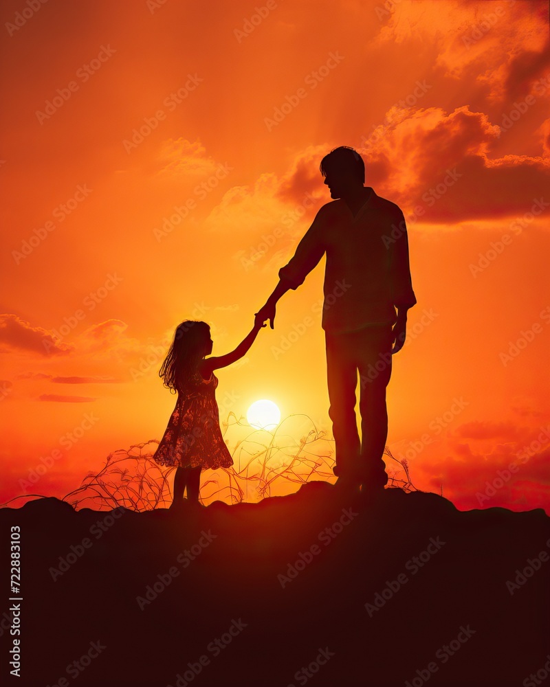 Obraz premium Silhouettes of Father and Daughter Against Sun