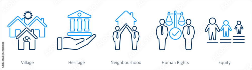 A set of 5 Community icons as village, heritage, neighbourhood A set of 5 Community icons as village, heritage, neighbourhood