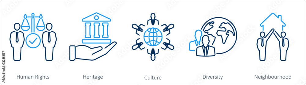 A set of 5 Community icons as human rights, heritage, culture A set of 5 Community icons as human rights, heritage, culture