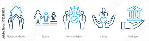 A set of 5 Community icons as neighbourhood, equity, human rights photo