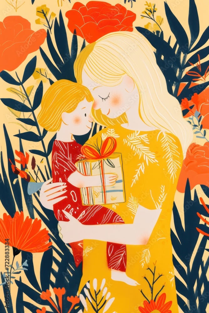 Whimsy and delight in this illustration of a mother and child celebrating with a gift.