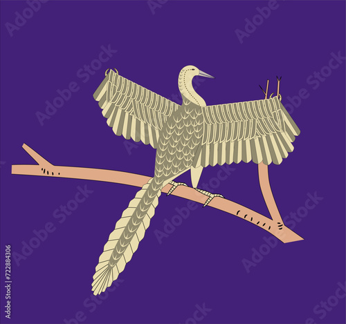 Cartoon style Archaeopteryx bird on a tree branch
