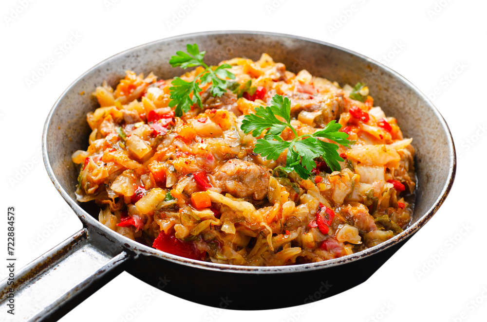 Stewed Cabbage with Meat and Vegetables, Comfort Food, Braised Cabbage, Tasty Meal on White Background