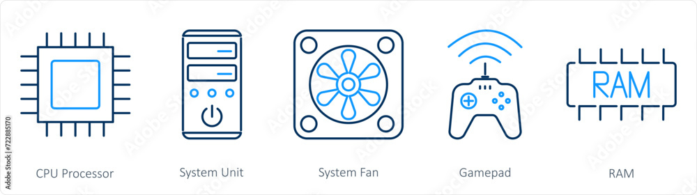 A set of 5 Computer Parts icons as cpu processor, system unit, system fan