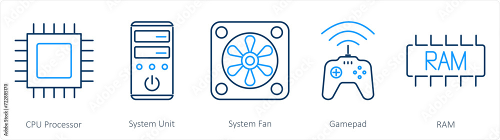 A set of 5 Computer Parts icons as cpu processor, system unit, system fan A set of 5 Computer Parts icons as cpu processor, system unit, system fan