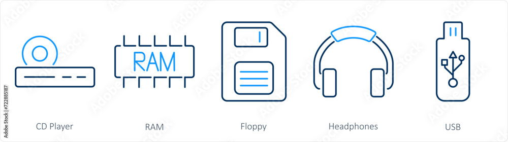 A set of 5 Computer Parts icons as cd player, ram, floppy A set of 5 Computer Parts icons as cd player, ram, floppy