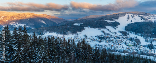 Photography Rokytnice nad Jizerou and Krkonose mountains in the winter sunrise
