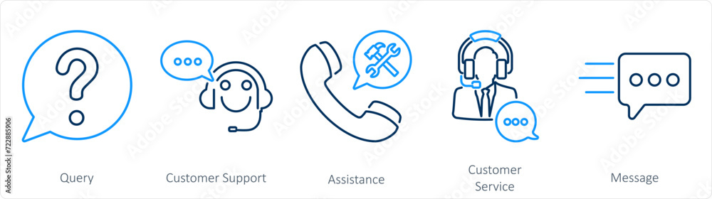 A set of 5 Contact icons as query, customer support, assistance