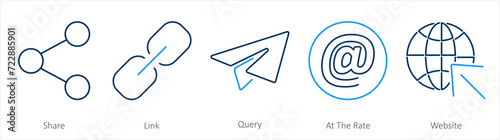 A set of 5 Contact icons as share, link, query, at the rate