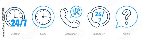 A set of 5 Contact icons as 24 hour, clock, assistance