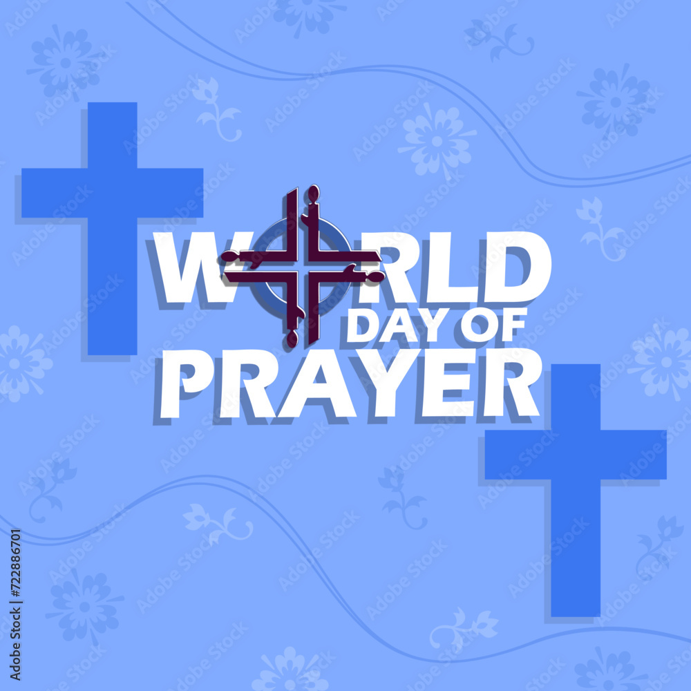 World Day of Prayer event banner. Bold text with cross on light blue