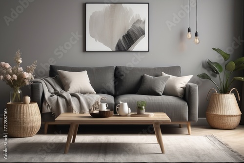 Stylish and design home interior of living room with gray sofa, wooden coffee table , pillows, blankets, rattan lamp, cube flowers, basket and elegant accessories
