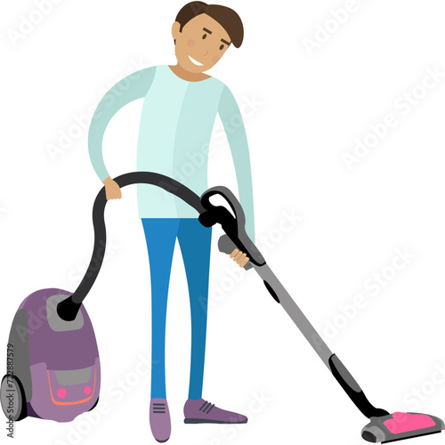 Man vacuuming floor vector icon isolated on white