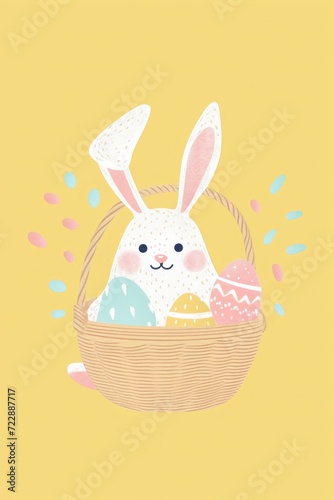 Cheerful Easter greetings with a cute bunny and vibrant eggs.