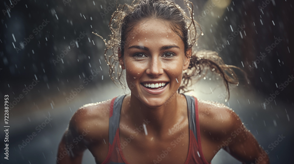 Portrait of a Strong Woman Running under the Rain. Sport and strenght of will.