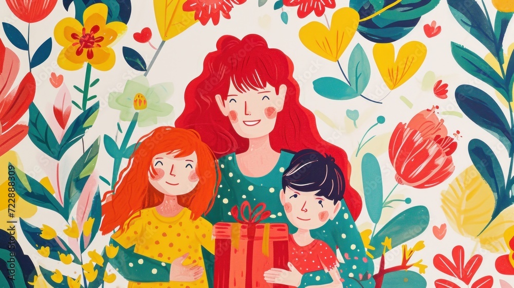 Joyful mother and child celebrating with a vibrant Mother's Day card. Joyful mother and child celebrating with a vibrant Mother's Day card.