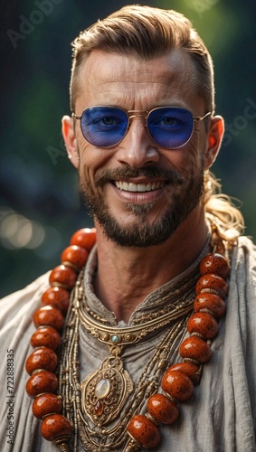 Portrait of handsome Slavic shaman dressed in traditional folk costume, red beads and blue lennon sunglasses. Happy village chief. New age generation. Generative Ai illustration