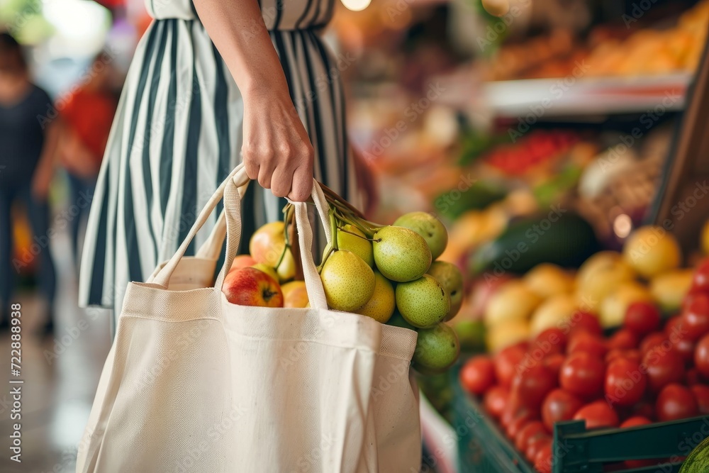 Woman buy fruits and vegetables at local farmers market. Reusable cotton eco bags for shopping with fresh fruits. Sustainable, zero waste lifestyle, Generative AI 